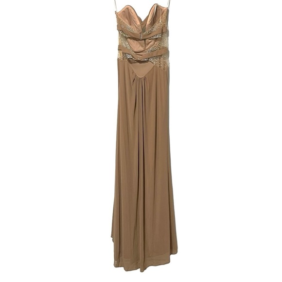 La Femme Size 6 Tan Strapless Mesh Bedazzle Cutout Maxi Dress Formal Party - Picture 2 of 9